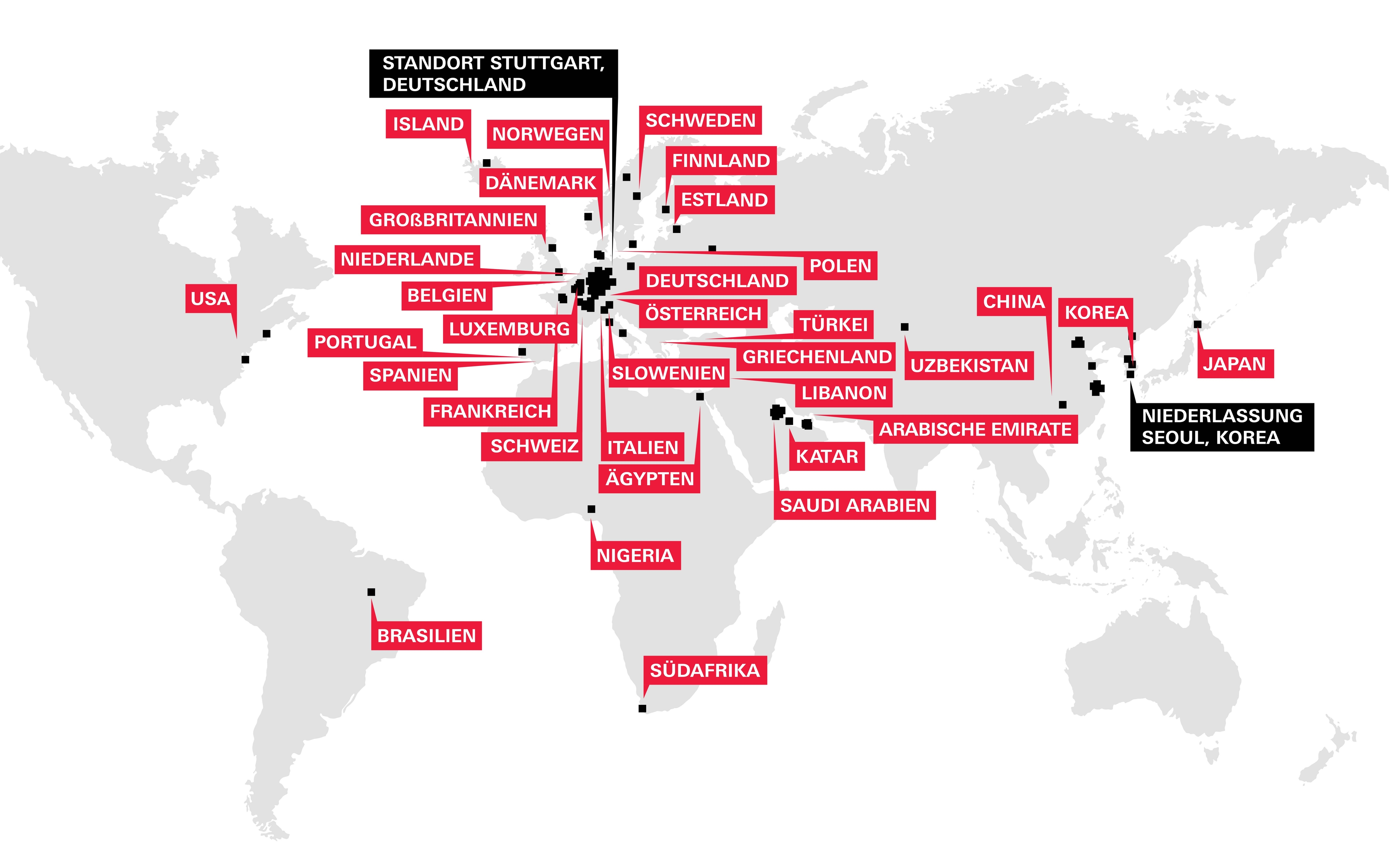 Weltkarte mit den internationalen Projektstandorten von ATELIER BRÜCKNER in Europa, Nord- und Südamerika, Afrika, dem Nahen Osten und Asien. Der Hauptsitz befindet sich in Stuttgart, eine Niederlassung in Seoul, Südkorea.