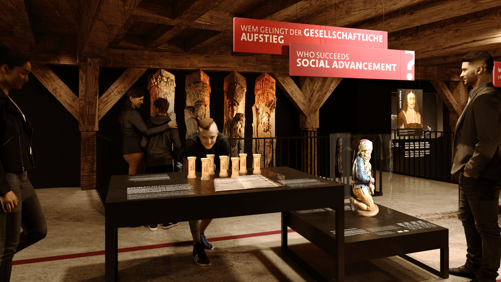 A museum exhibition in a timber-framed attic space, where visitors engage with historical artifacts displayed on dark presentation tables. In the center, a person leans in to closely examine a series of small cylindrical objects, while others observe nearby exhibits, including a painted figurine in a glass case. Warm lighting highlights textured wooden beams and vertical sculptural elements in the background. Overhead, bold bilingual signage reads “Who succeeds social advancement?”, framing the theme of soc