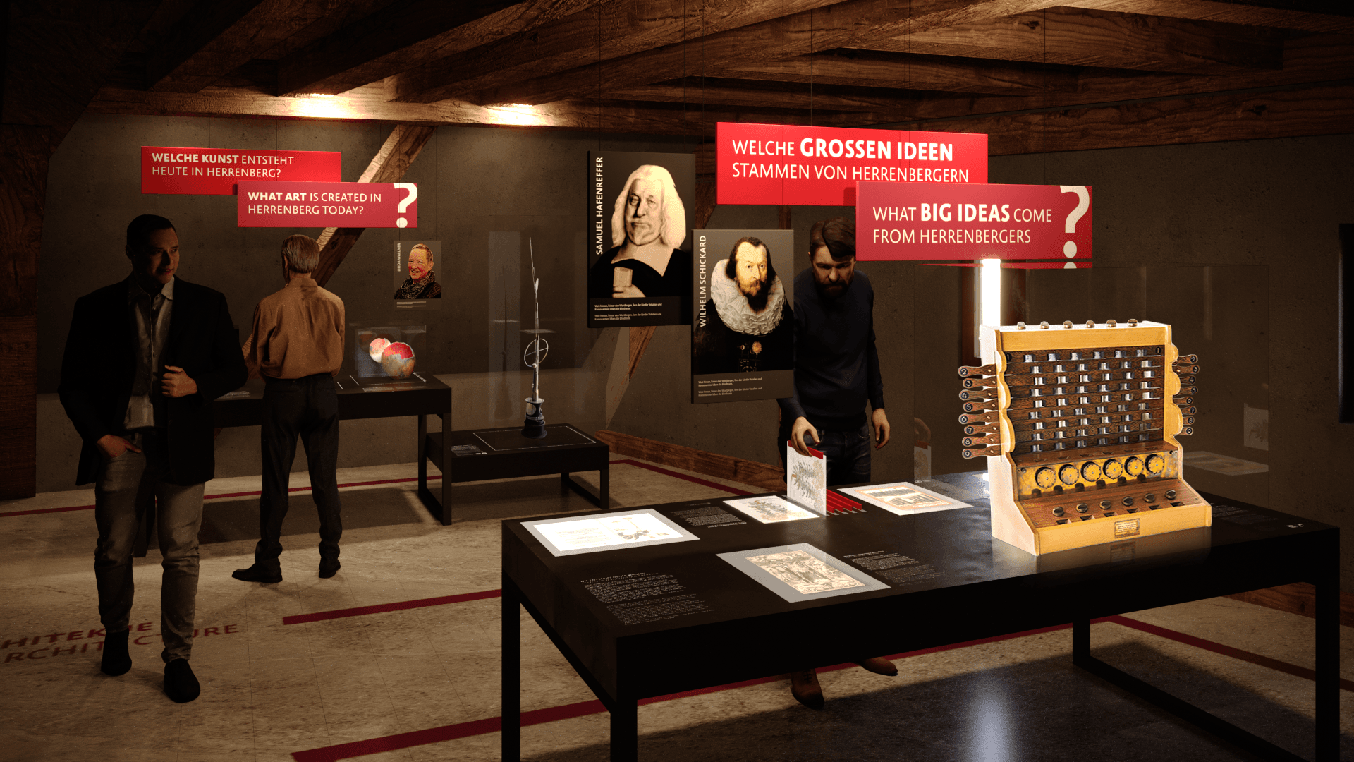 A museum exhibition in a wooden attic setting, where visitors explore displays on art and innovation from Herrenberg. Dark exhibition tables present historical objects, prints, and an early calculating device, while illuminated portraits and artifacts line the walls. A visitor interacts with a hands-on exhibit, flipping through materials, as others observe nearby displays. Overhead, bold bilingual signage poses questions such as “What art is created in Herrenberg today?” and “What big ideas come from Herren