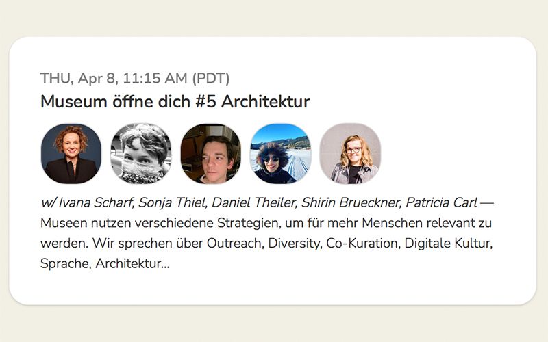 08. April 2021
Clubhouse Talk "Museum öffne dich – #5 Architektur"