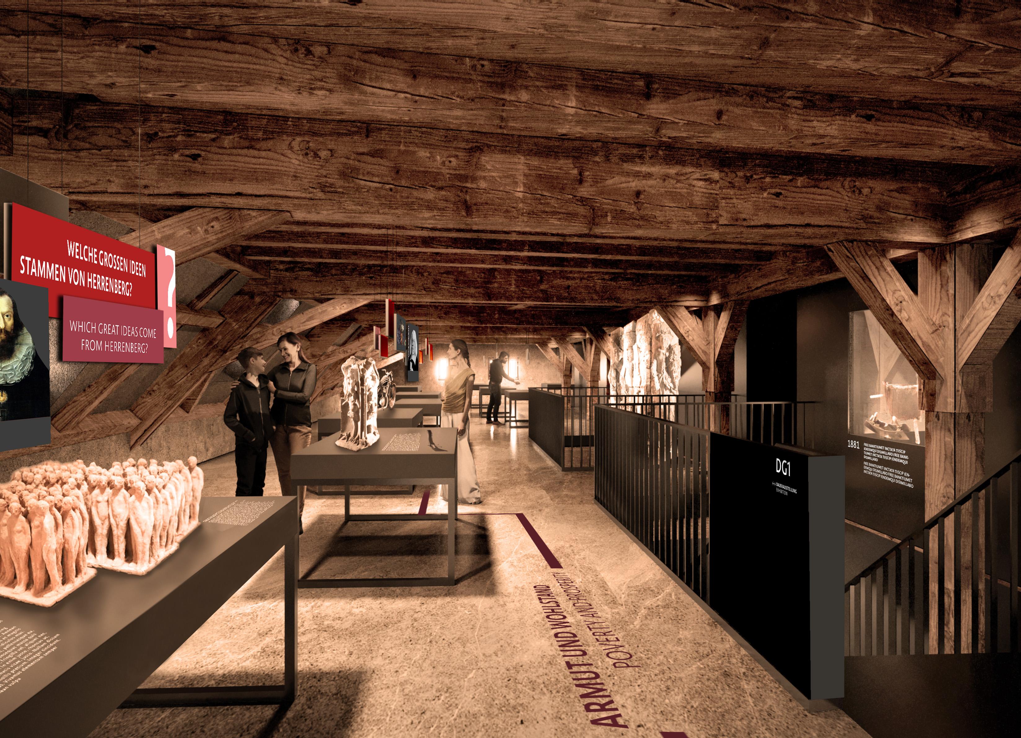 A warmly lit museum exhibition set within a historic timber attic, featuring exposed wooden beams and a narrow walkway lined with display tables. Visitors explore illuminated artifacts and sculptural exhibits, while bilingual signage – including the question “Which great ideas come from Herrenberg?” – guides the narrative. Glass cases and subtle lighting create an intimate atmosphere, blending contemporary exhibition design with the rustic character of the space.