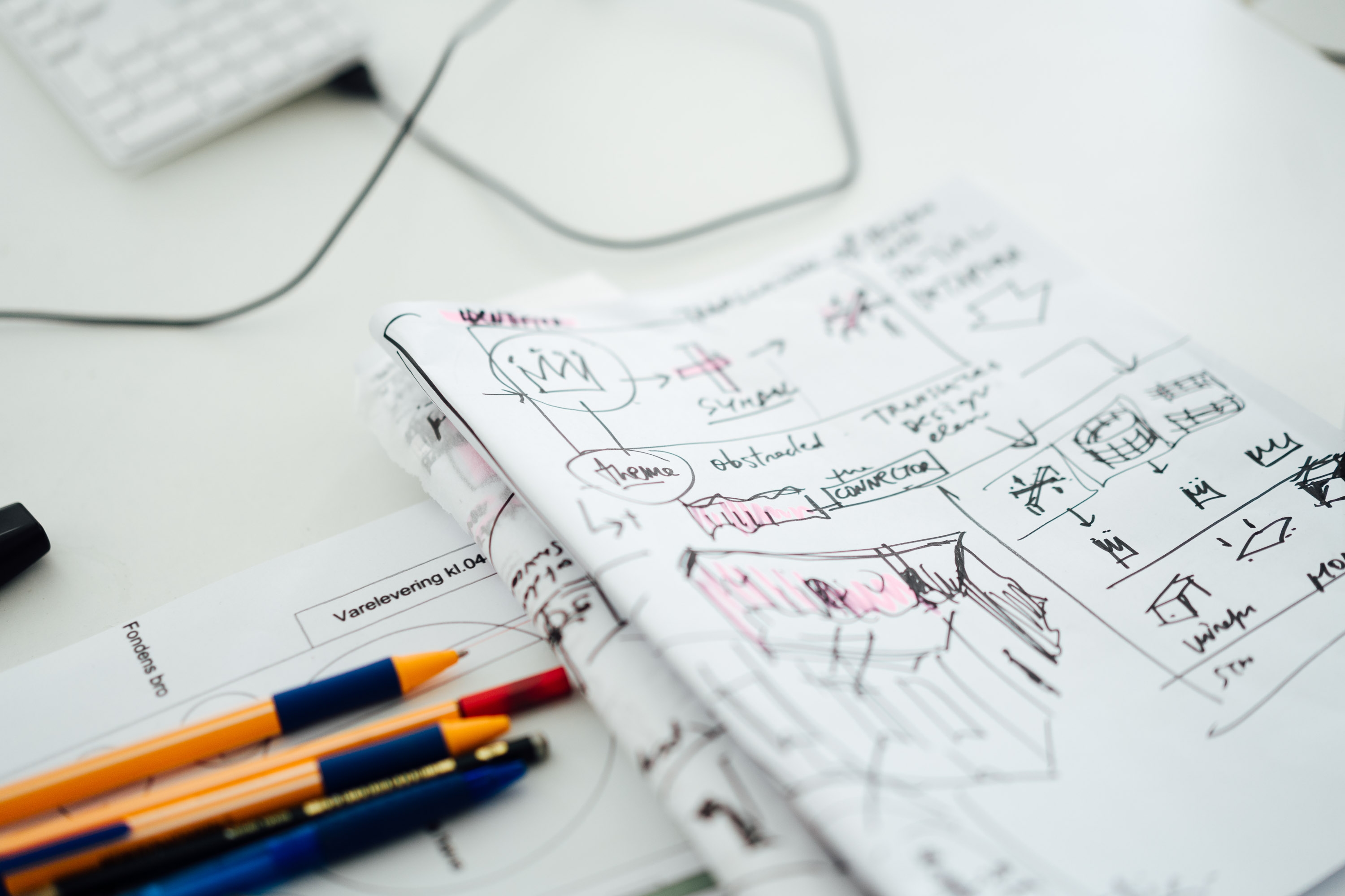 Auf einem Schreibtisch liegt ein aufgeschlagenes Skizzenbuch mit handgezeichneten Diagrammen, Symbolen, Notizen und ersten Konzeptskizzen. Daneben liegen mehrere Stifte sowie ein ausgerollter Plan. Die Nahaufnahme zeigt einen kreativen Entwurfsprozess und die Entwicklung von Ideen in einer frühen Projektphase.