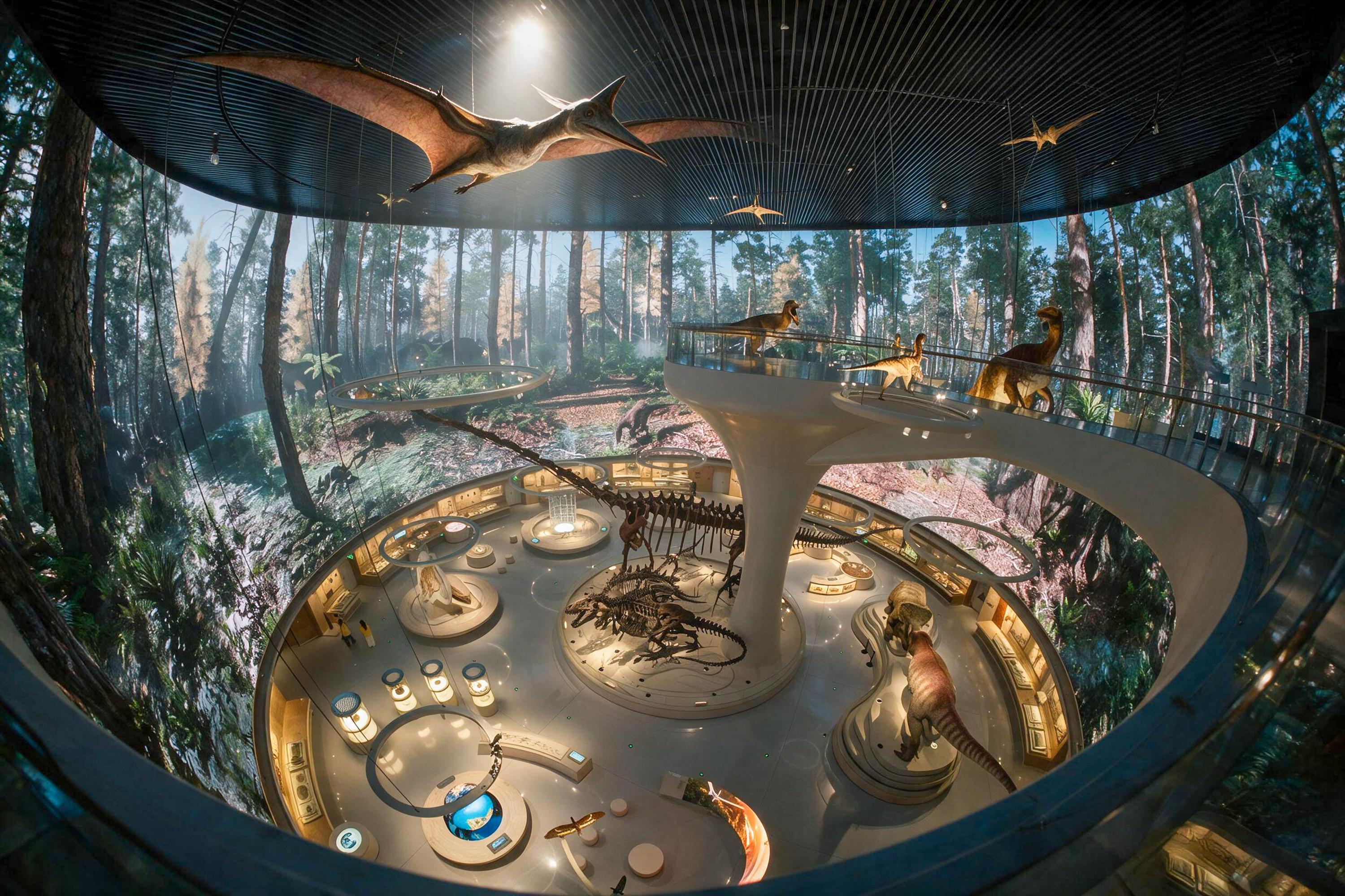 Overhead view of the Dinosaur Hall at the Shenzhen Natural History Museum. A sculptural elevated walkway winds through the space, allowing visitors to view life-sized dinosaur models and suspended flying reptiles from different heights. Floor-to-ceiling panoramic media walls surround the gallery with a prehistoric forest, while fossil skeletons, interactive exhibits and illuminated display areas create an immersive journey through the age of dinosaurs.