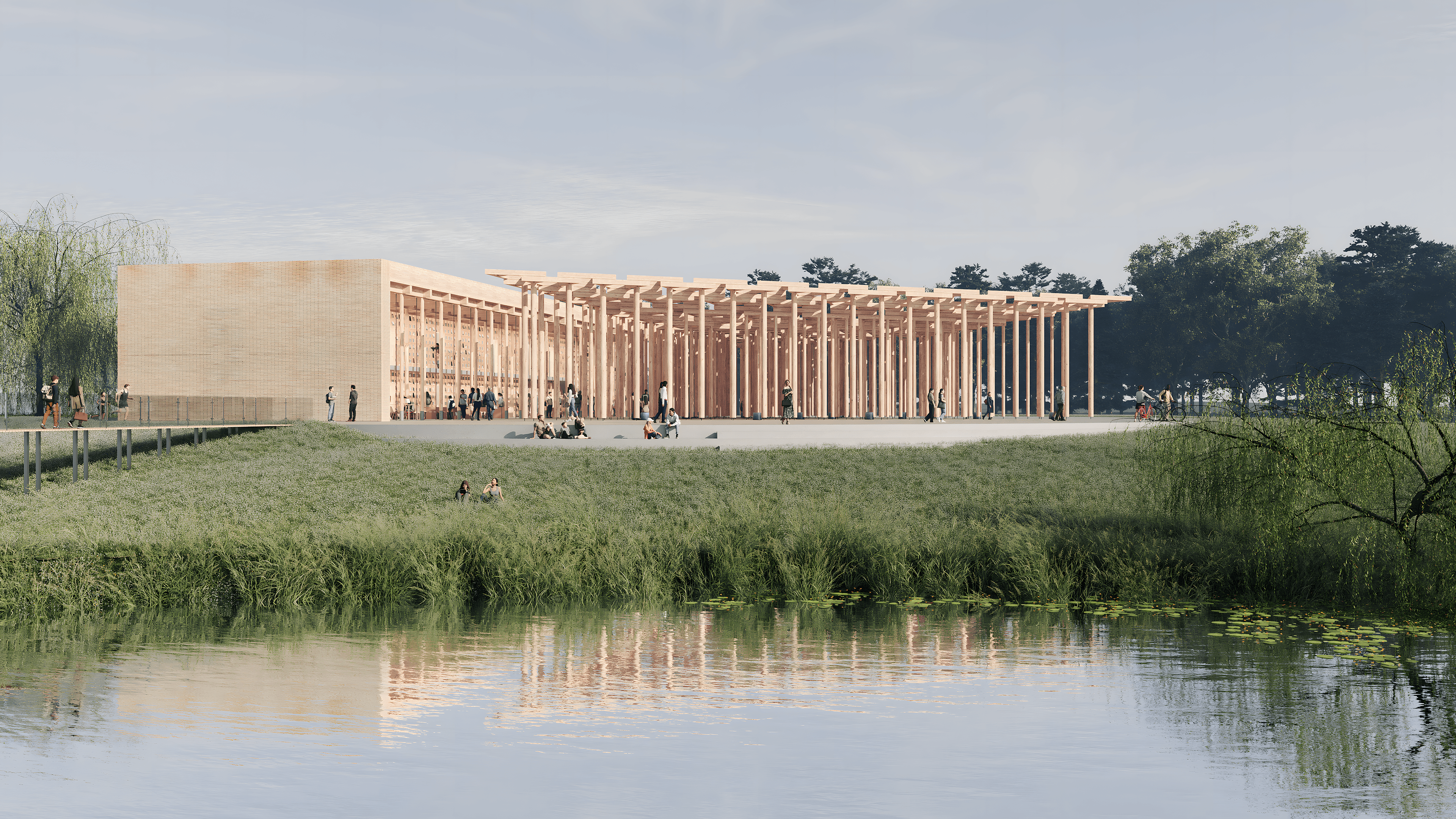 Architectural rendering the Nukus Children's Library with a pale brick façade and an open timber colonnade, overlooking a pond, with people gathering on the terrace and surrounding lawns.